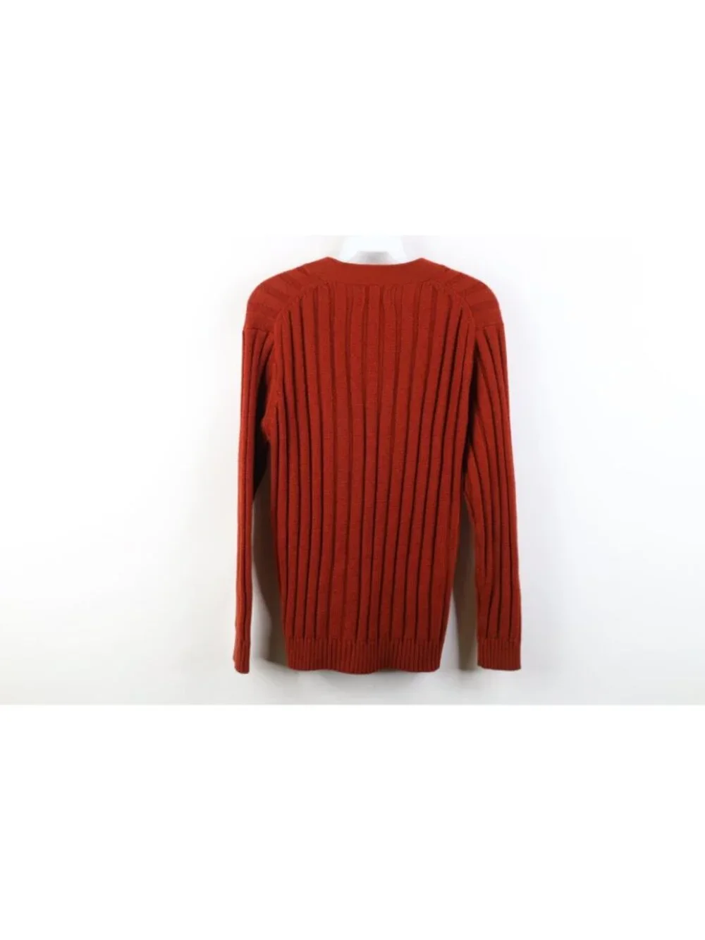 Vintage 70s Streetwear Womens Medium Blank Ribbed Knit Cardigan Sweater Orange